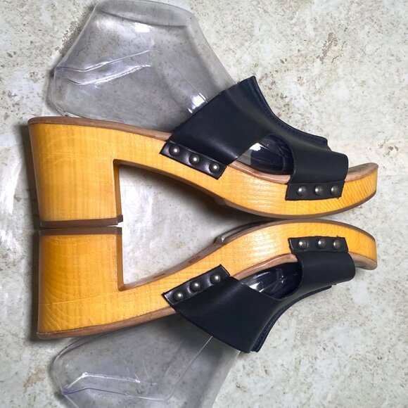 Mia Merel Black Faux Leather Open-Toe Sandals Wood Like Platform Heel Size 7 - Picture 6 of 9